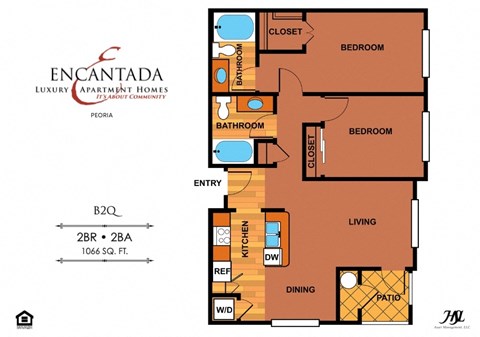 Encantada Peoria B2Q floor plan of a 2 bedroom, 2 bathroom unit with a living room